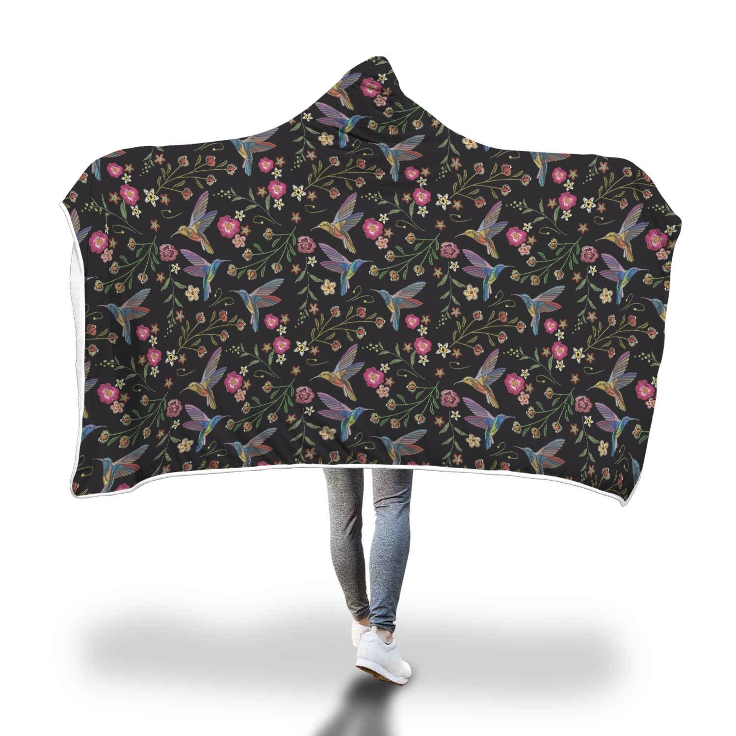 Hummingbird White Floral Pattern Print Hooded Blanket-grizzshop