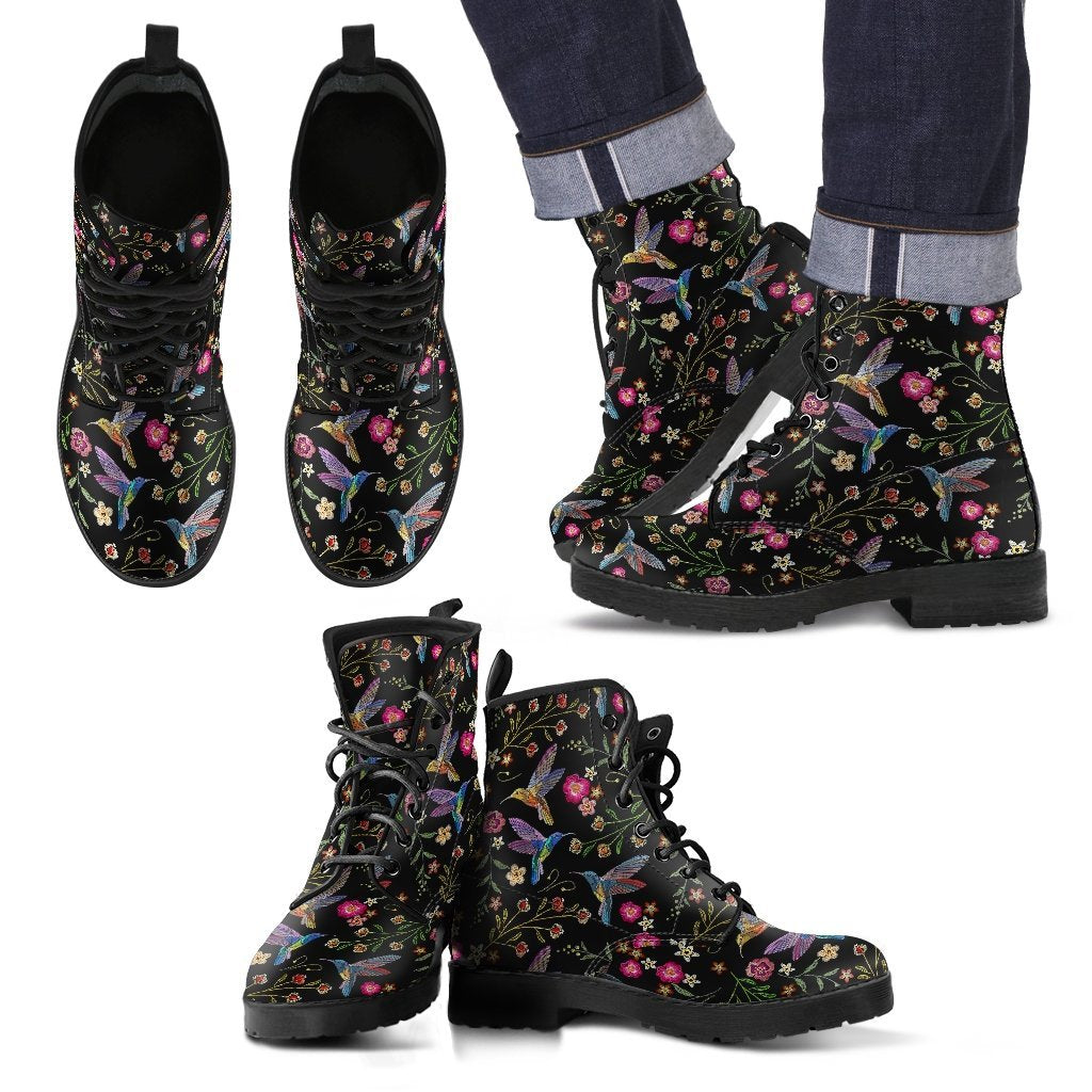 Hummingbird White Floral Pattern Print Men Women Leather Boots-grizzshop