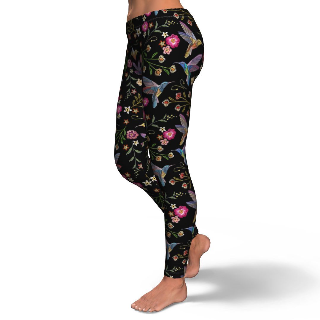 Hummingbird White Floral Pattern Print Pattern Women Leggings-grizzshop