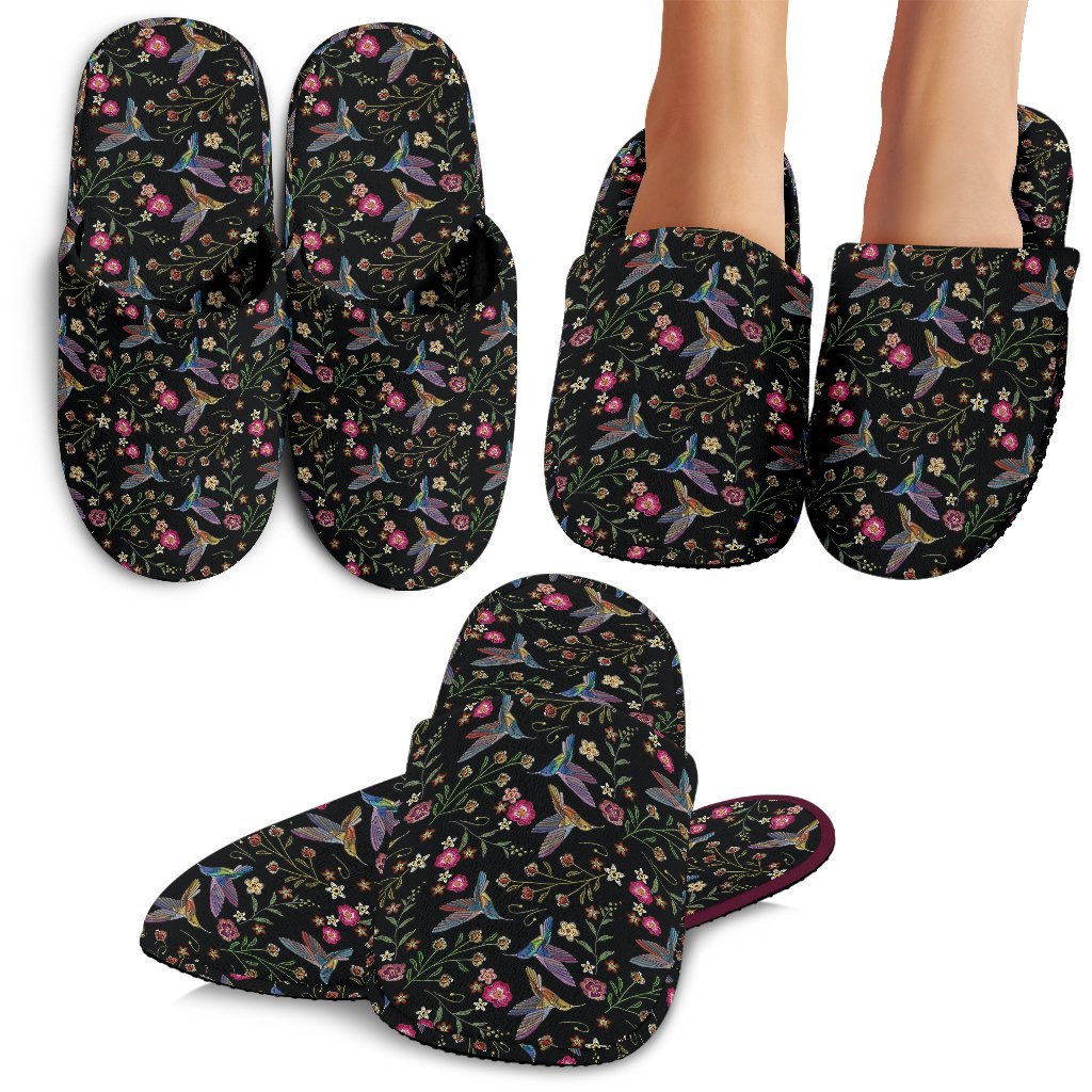 Hummingbird White Floral Pattern Print Premium Home Slippers-grizzshop