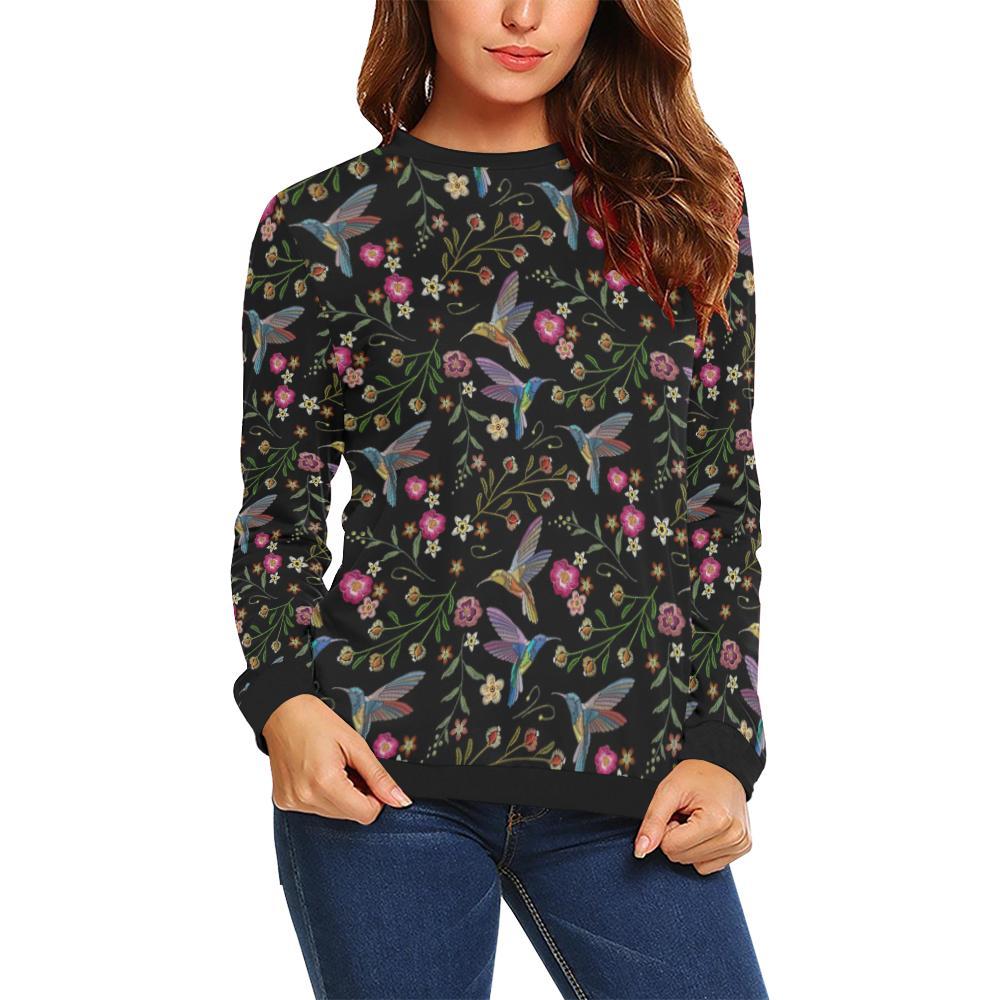 Hummingbird White Floral Pattern Print Women Crewneck Sweatshirt-grizzshop