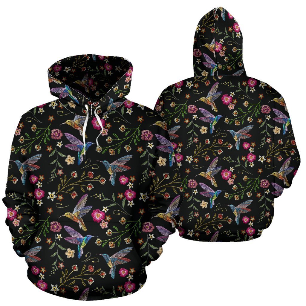 Hummingbird White Floral Pattern Print Women Men Pullover Hoodie-grizzshop