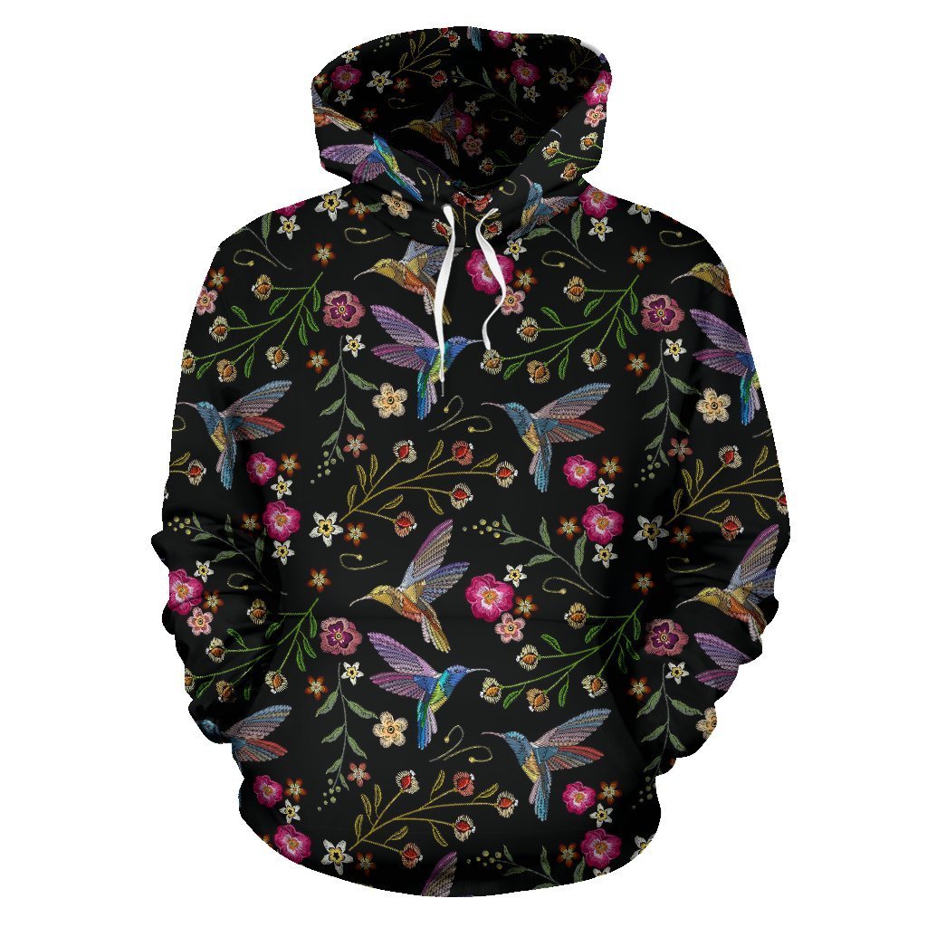 Hummingbird White Floral Pattern Print Women Men Pullover Hoodie-grizzshop