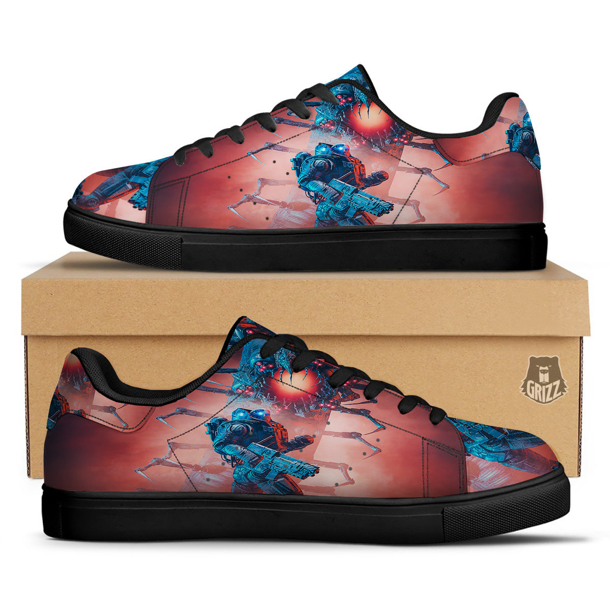 Hunting Alien Worm Print Black Low Top Sneakers-grizzshop