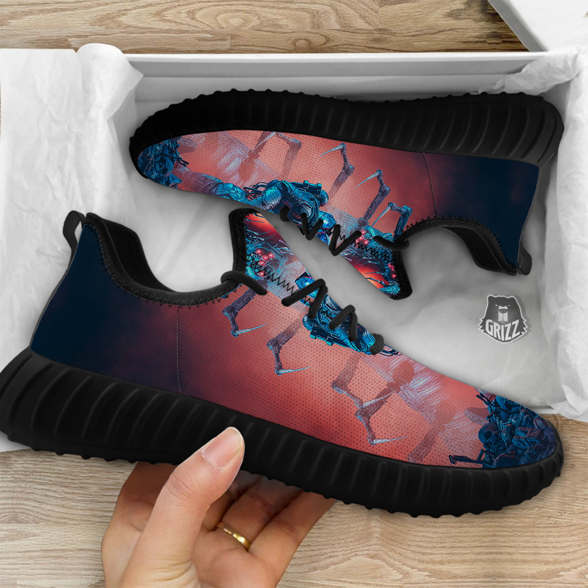 Hunting Alien Worm Print Black Walking Shoes-grizzshop