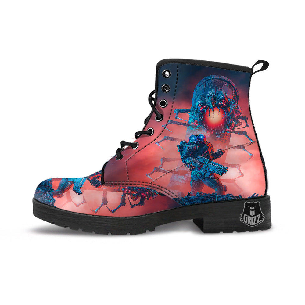 Hunting Alien Worm Print Leather Boots-grizzshop