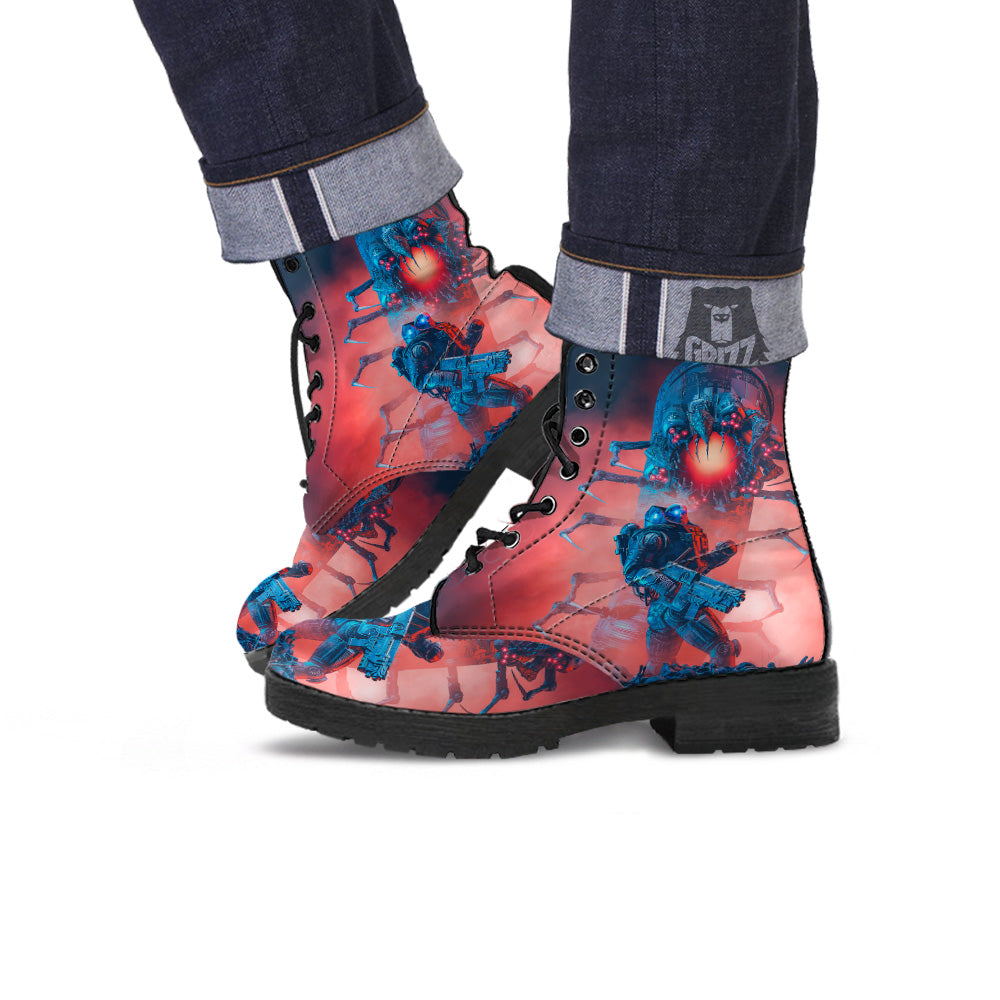 Hunting Alien Worm Print Leather Boots-grizzshop