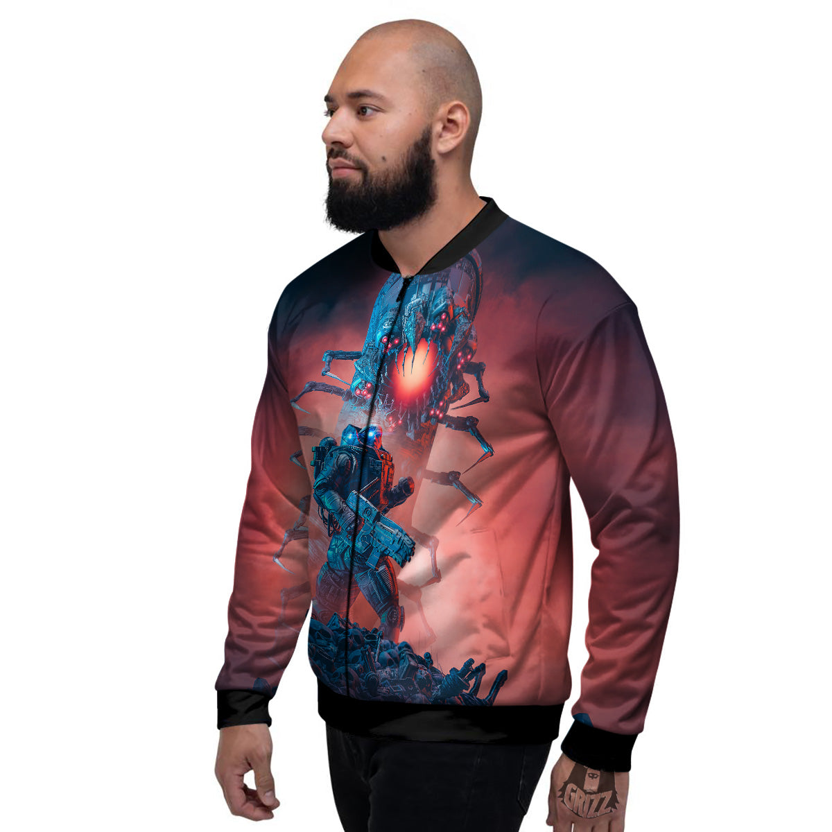 Hunting Alien Worm Print Men's Bomber Jacket-grizzshop