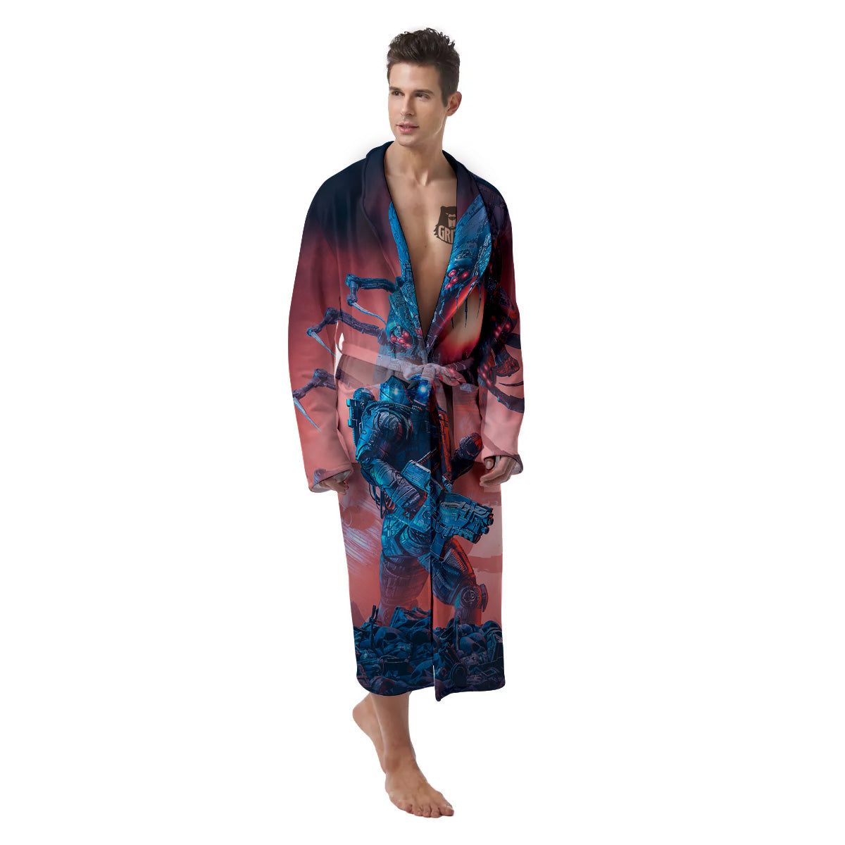 Hunting Alien Worm Print Men's Robe-grizzshop