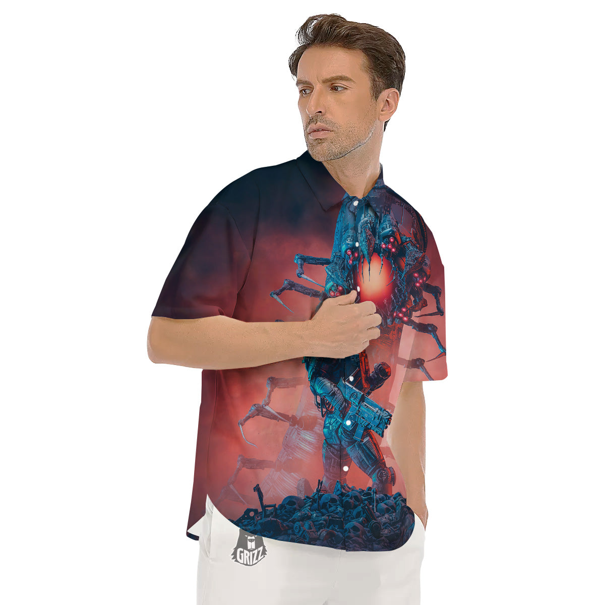 Hunting Alien Worm Print Men's Short Sleeve Shirts-grizzshop
