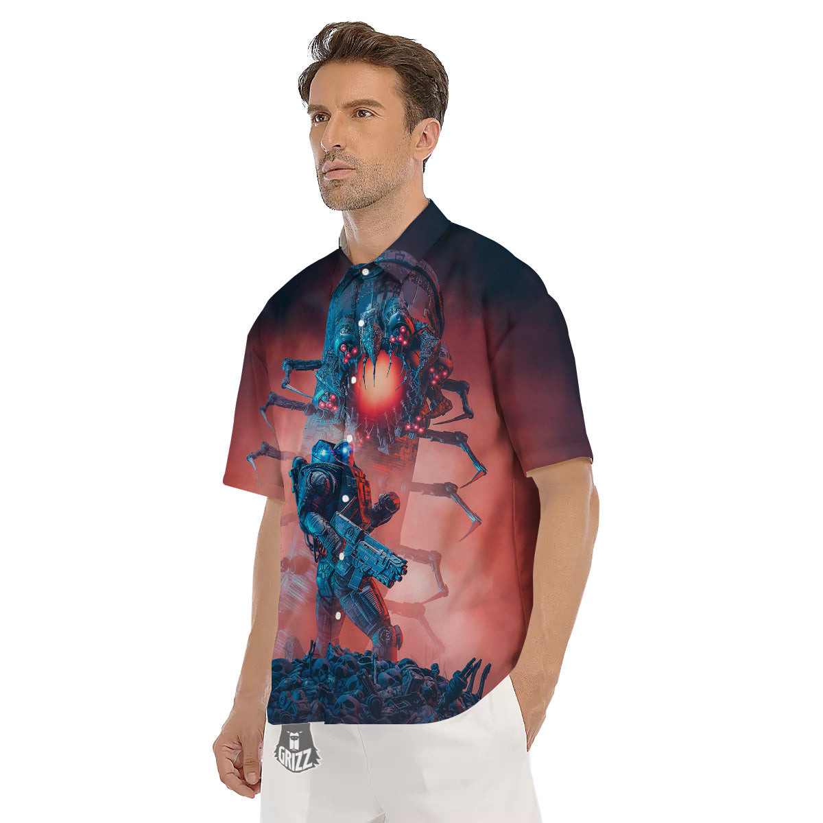 Hunting Alien Worm Print Men's Short Sleeve Shirts-grizzshop