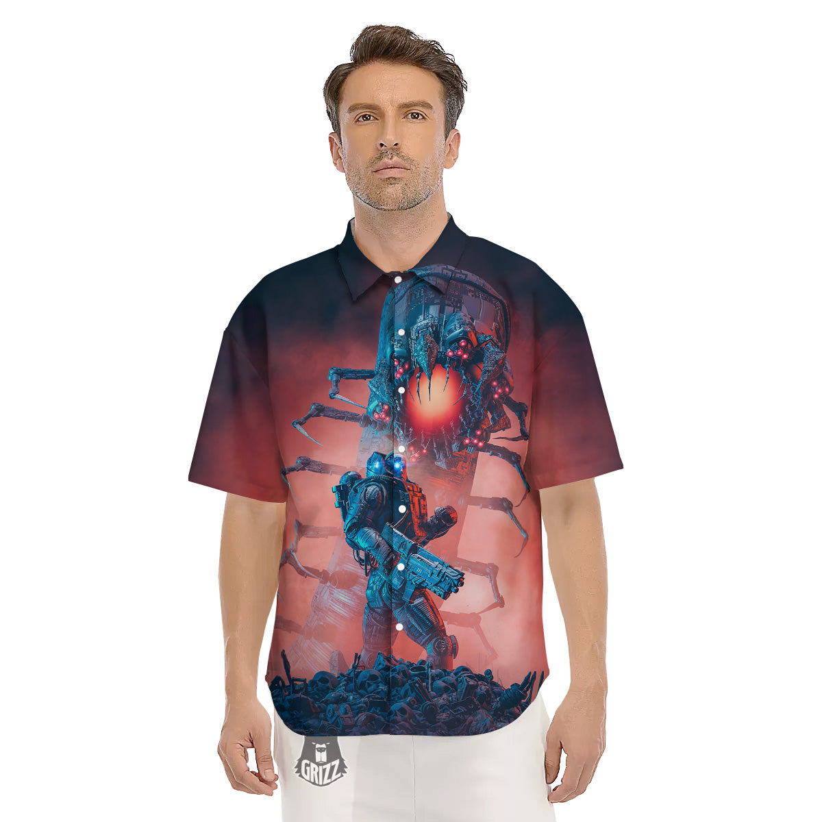 Hunting Alien Worm Print Men's Short Sleeve Shirts-grizzshop