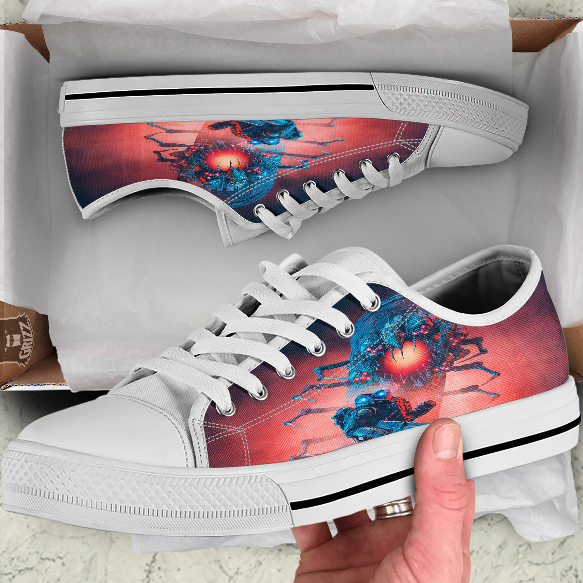 Hunting Alien Worm Print White Low Top Shoes-grizzshop