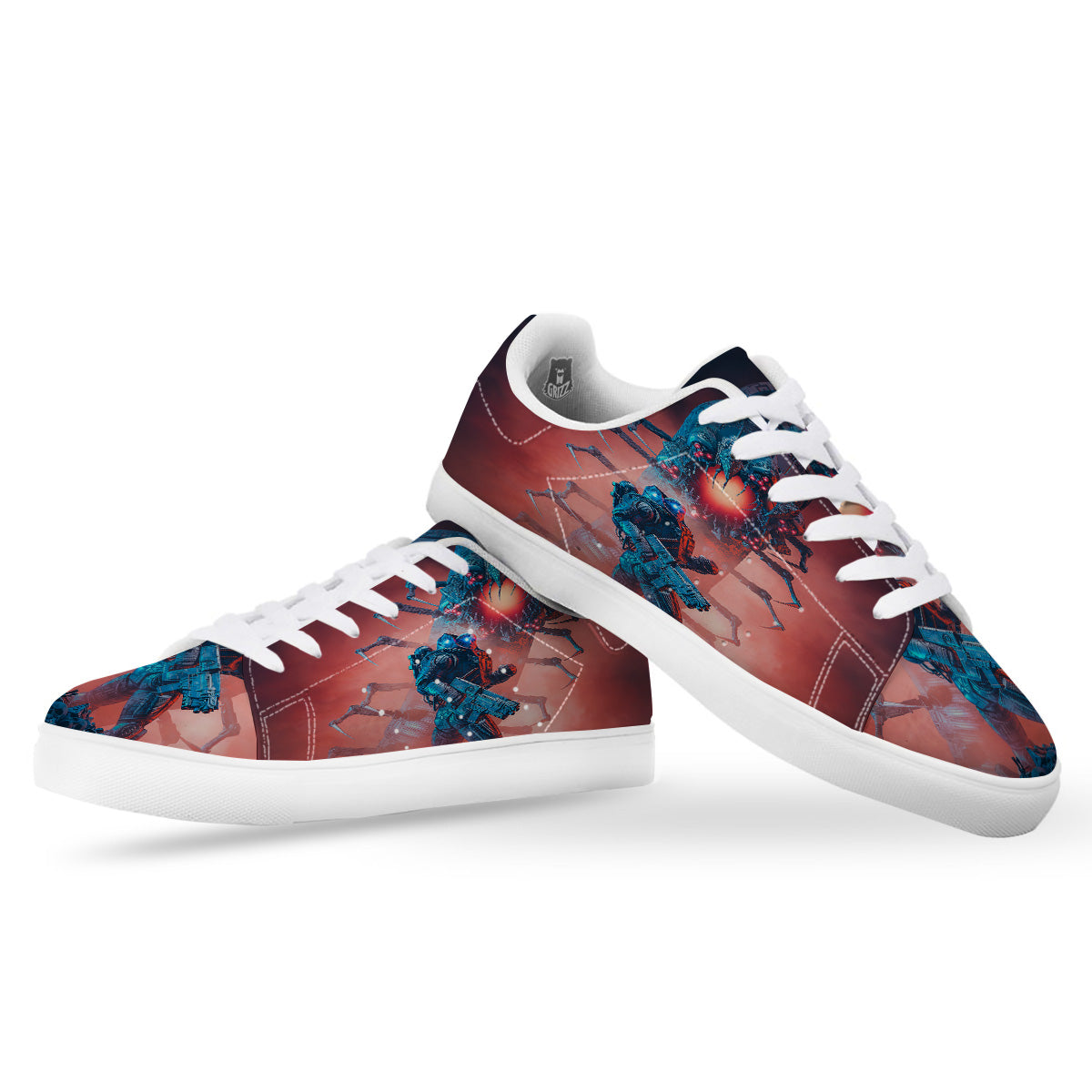 Hunting Alien Worm Print White Low Top Sneakers-grizzshop
