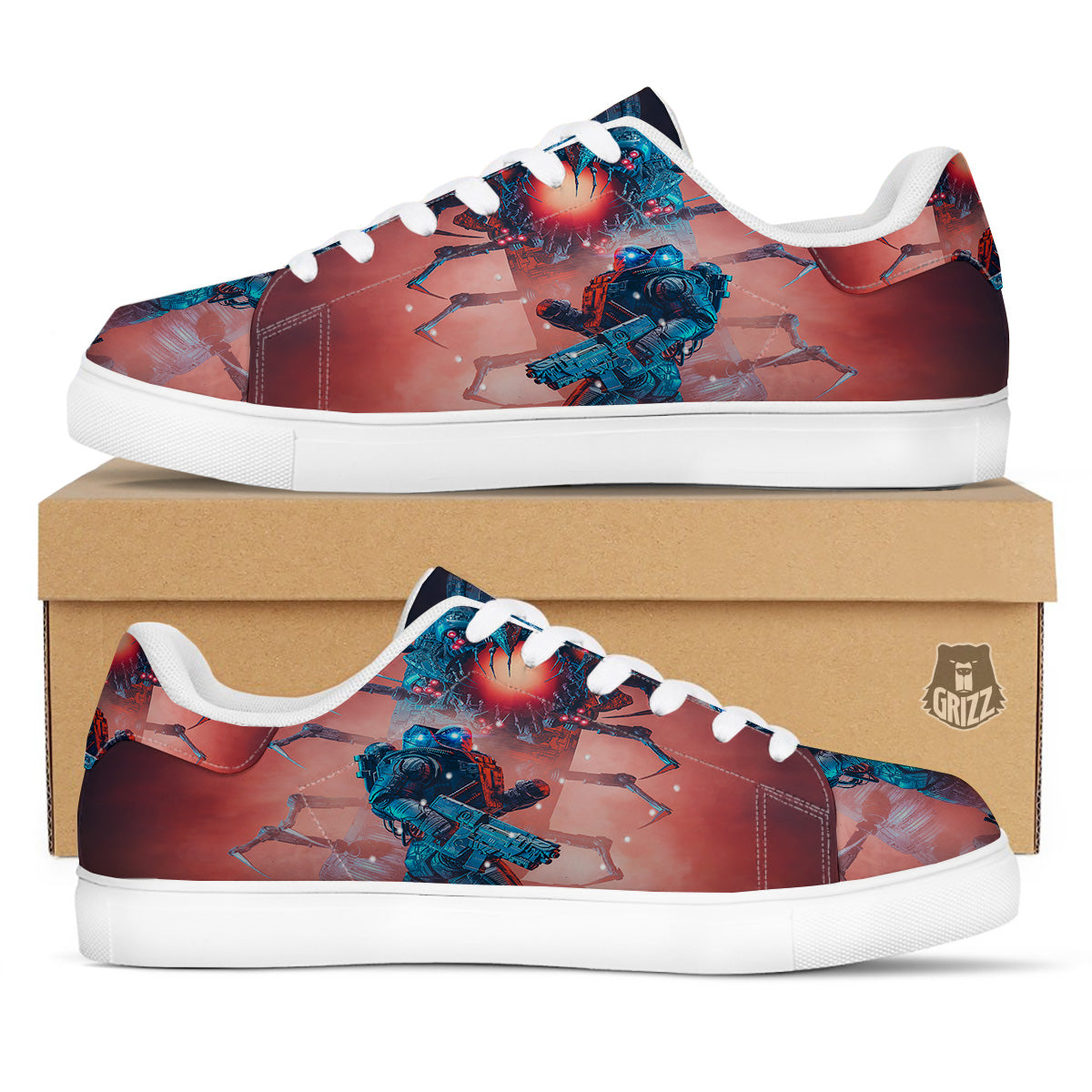 Hunting Alien Worm Print White Low Top Sneakers-grizzshop