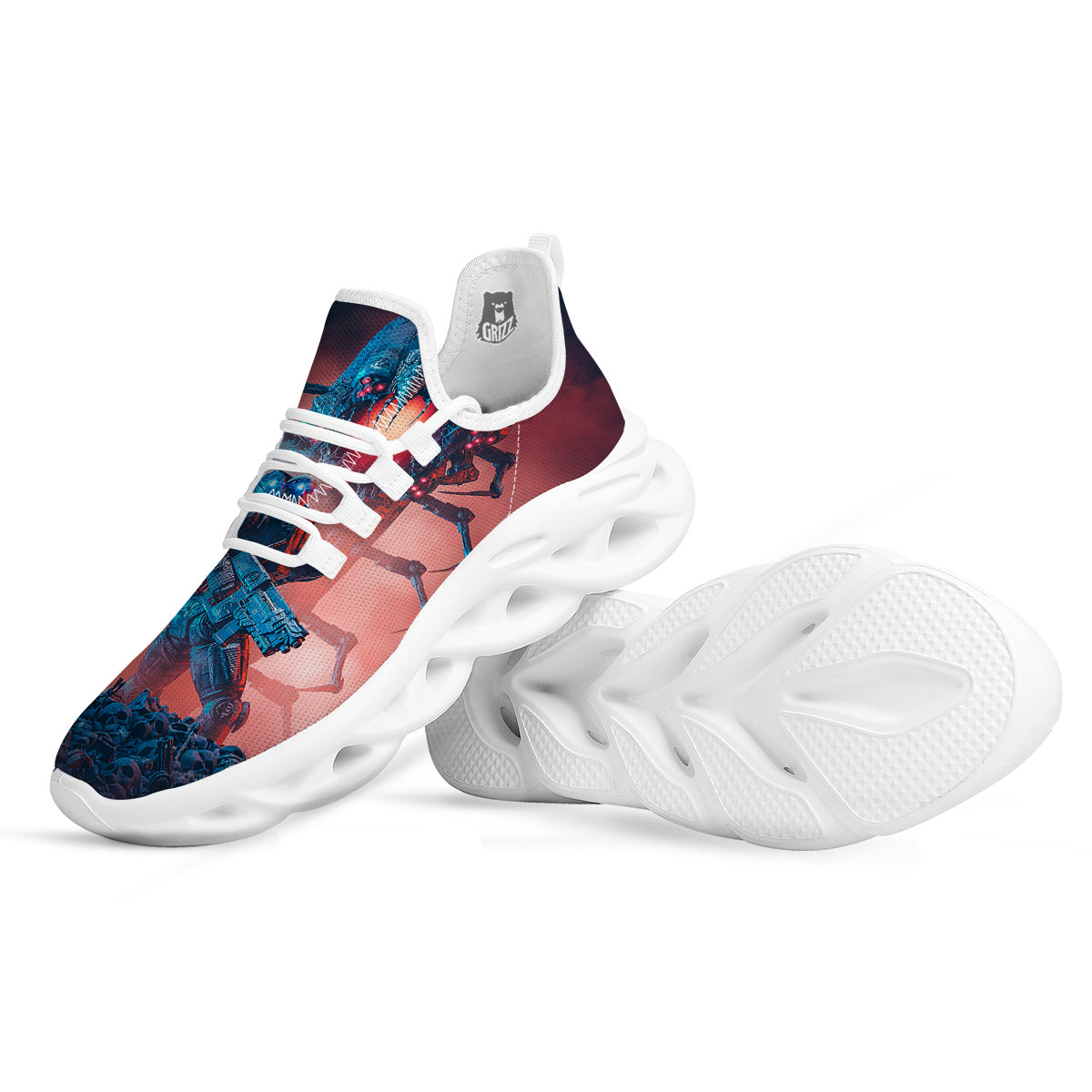 Hunting Alien Worm Print White Running Shoes-grizzshop