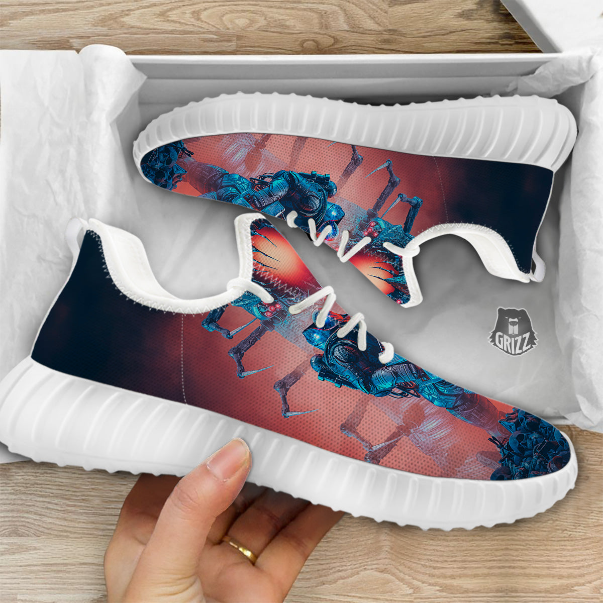Hunting Alien Worm Print White Walking Shoes-grizzshop