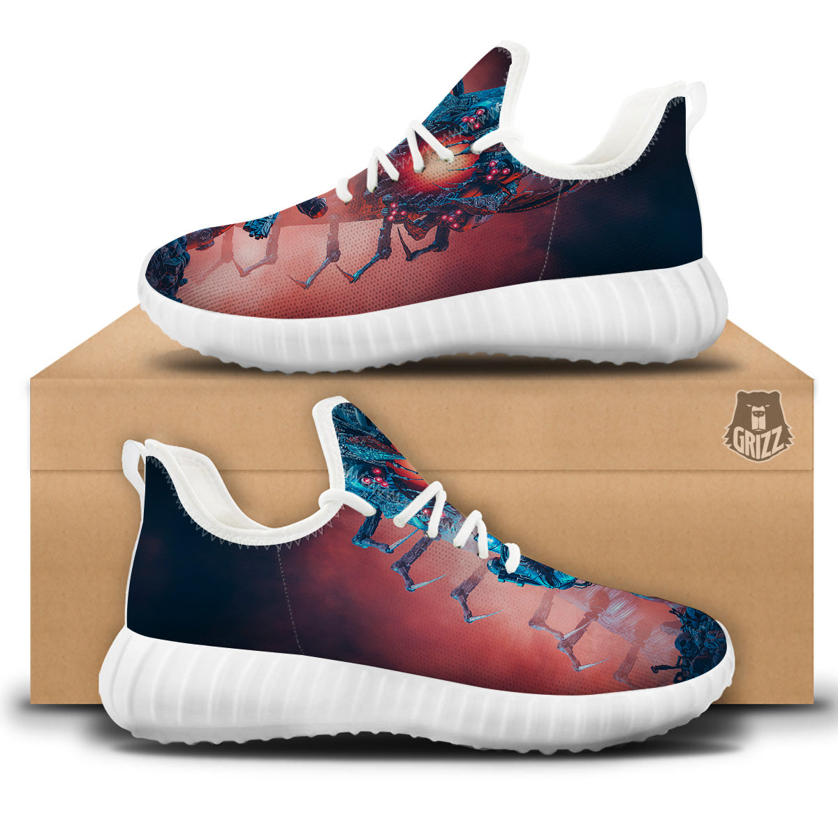 Hunting Alien Worm Print White Walking Shoes-grizzshop