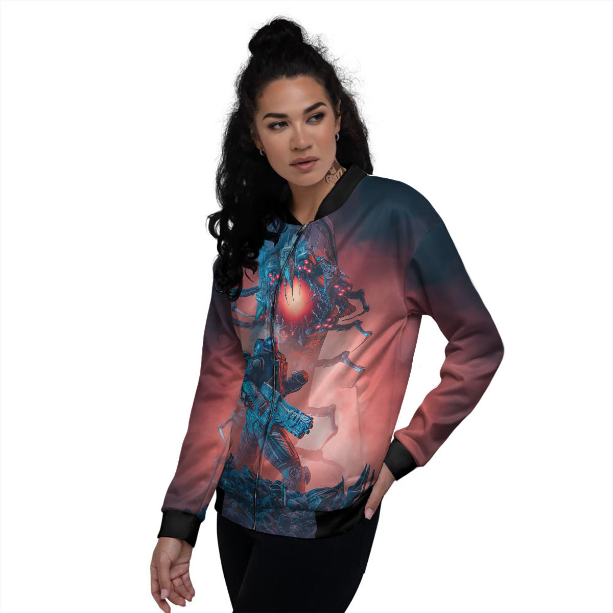 Hunting Alien Worm Print Women's Bomber Jacket-grizzshop