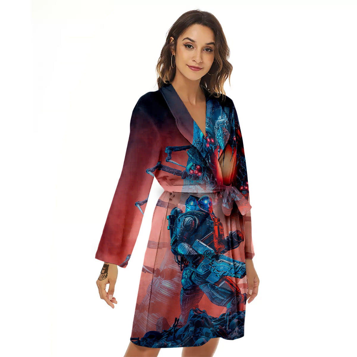 Hunting Alien Worm Print Women's Robe-grizzshop
