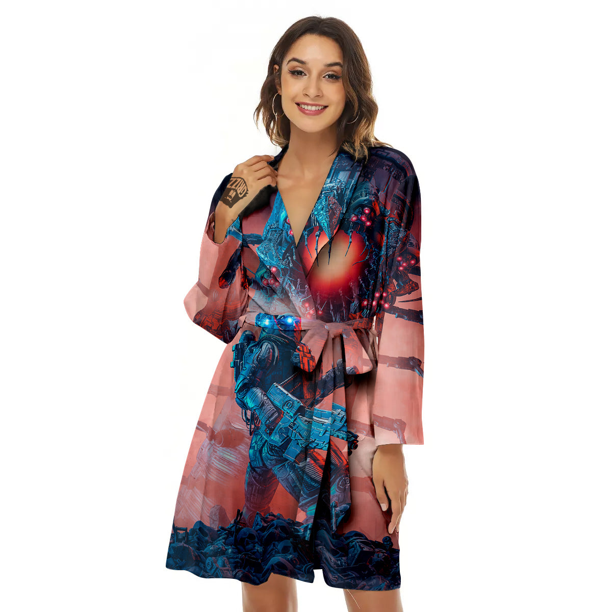 Hunting Alien Worm Print Women's Robe-grizzshop