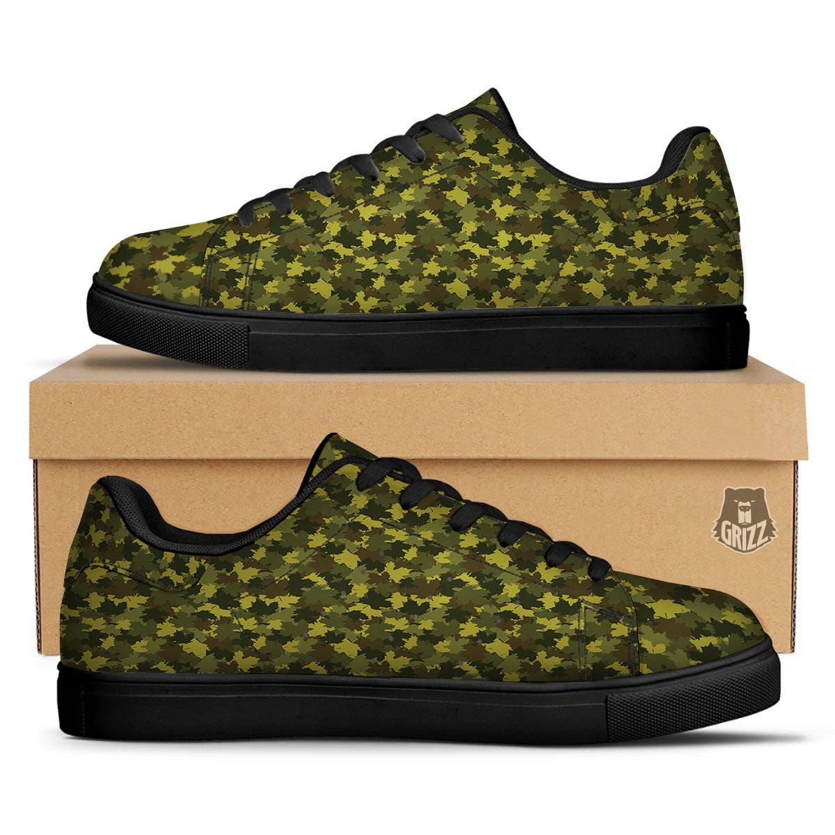 Hunting Camouflage Fall Leaves Print Black Low Top Sneakers-grizzshop