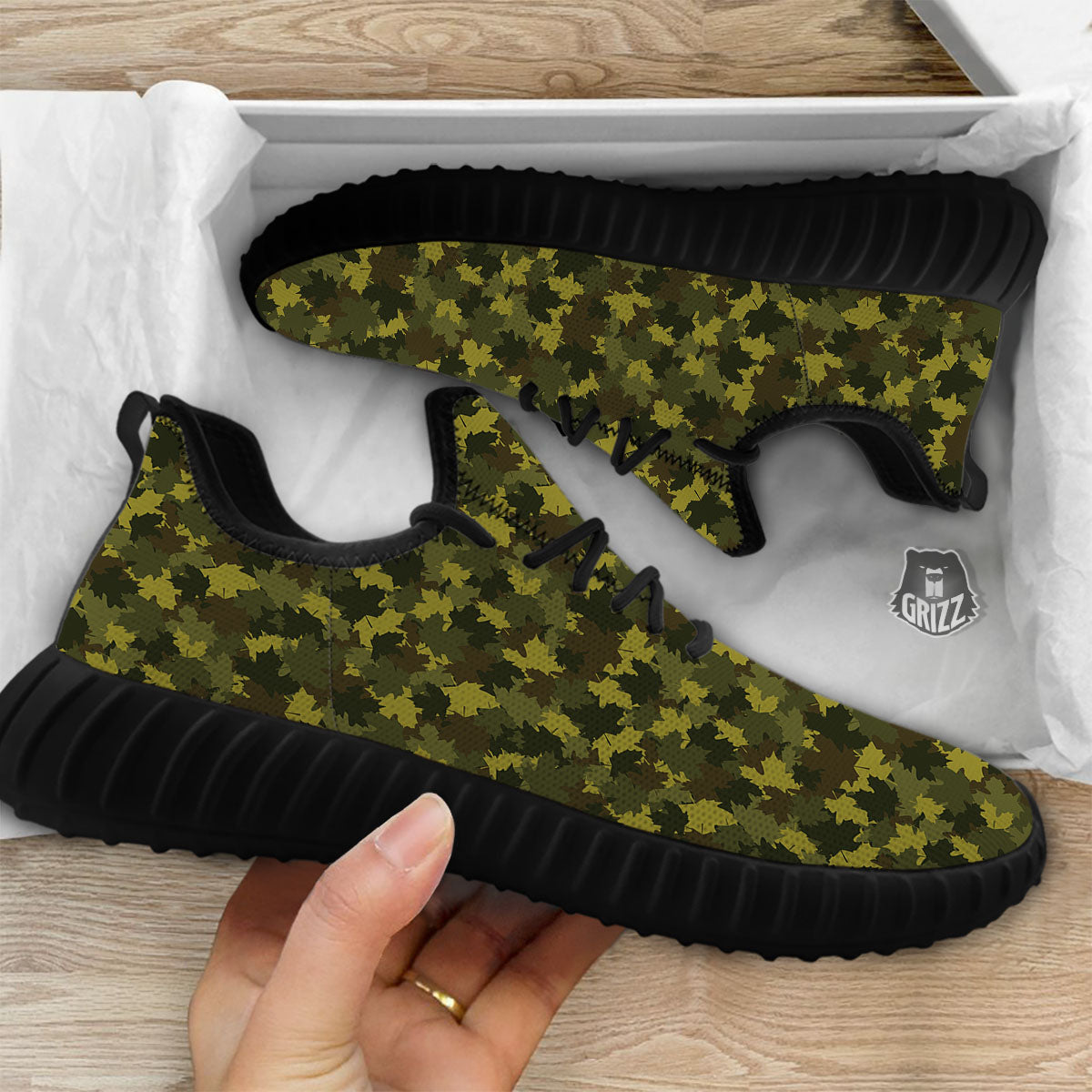 Hunting Camouflage Fall Leaves Print Black Walking Shoes-grizzshop