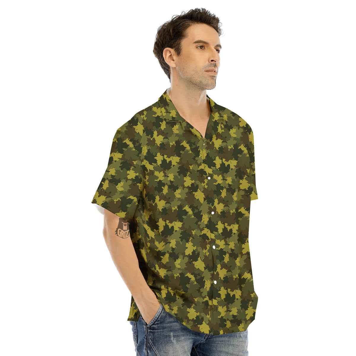 Hunting Camouflage Fall Leaves Print Men's Hawaiian Shirt-grizzshop