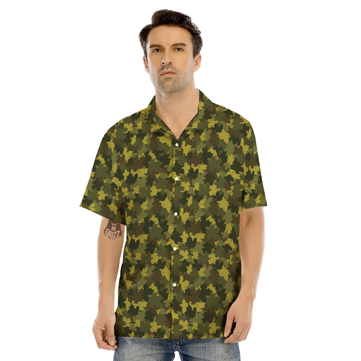Hunting Camouflage Fall Leaves Print Men's Hawaiian Shirt-grizzshop