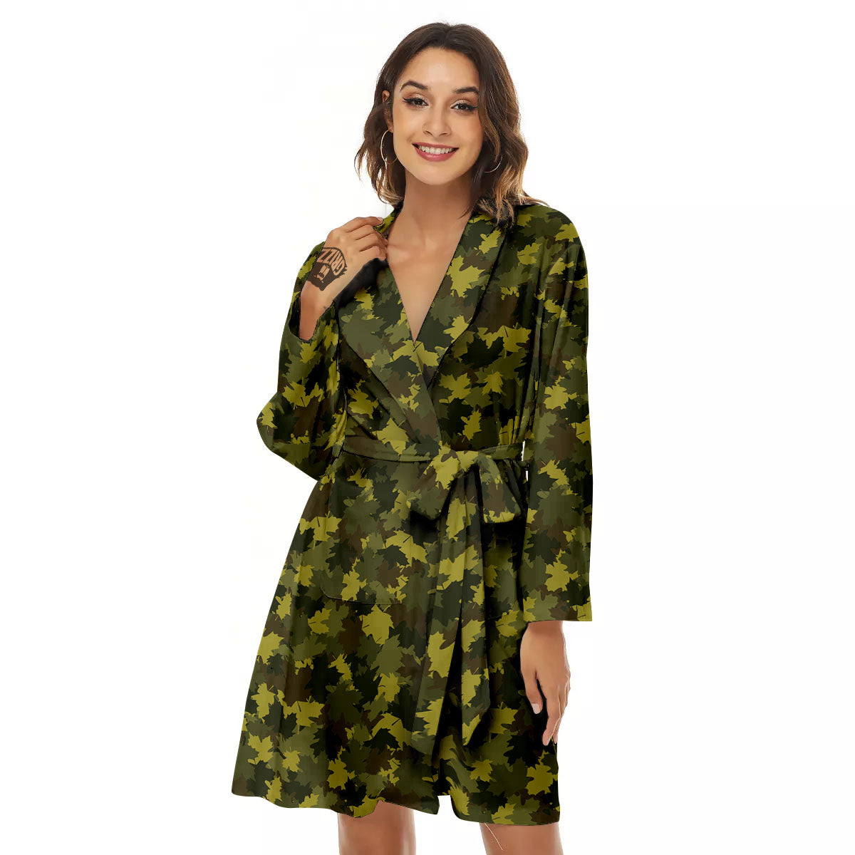 Hunting Camouflage Fall Leaves Print Women's Robe-grizzshop