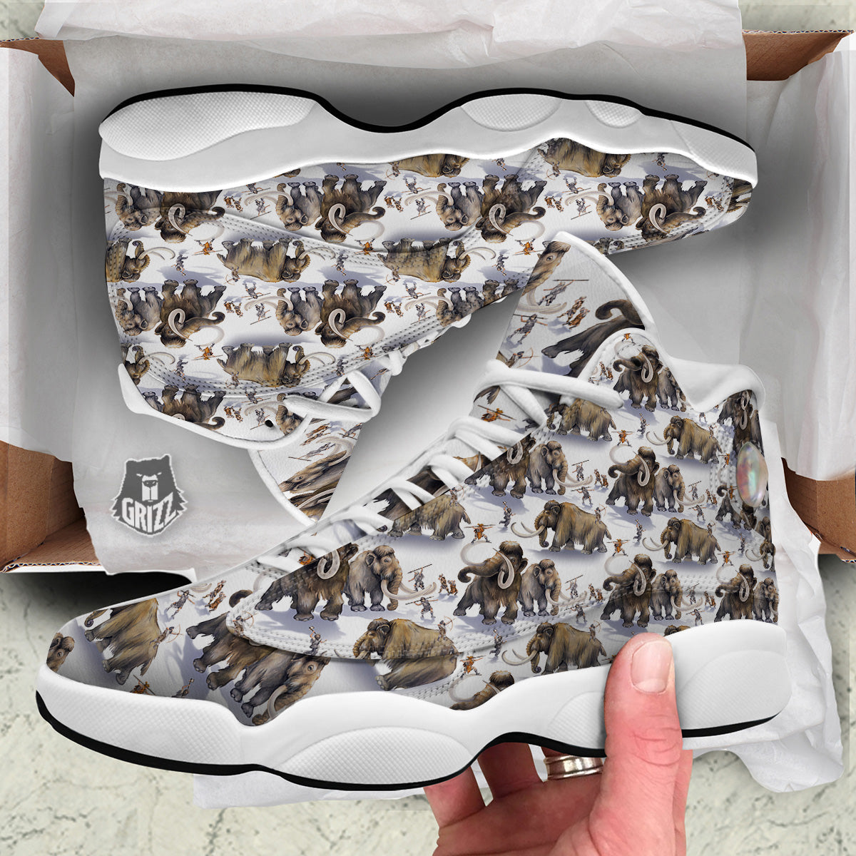 Hunting Mammoth Print Pattern White Basketball Shoes-grizzshop