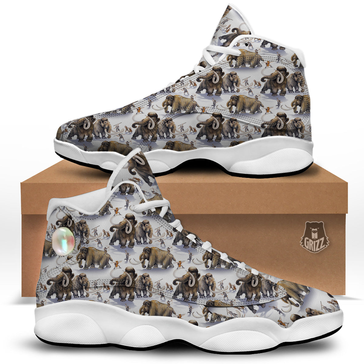 Hunting Mammoth Print Pattern White Basketball Shoes-grizzshop