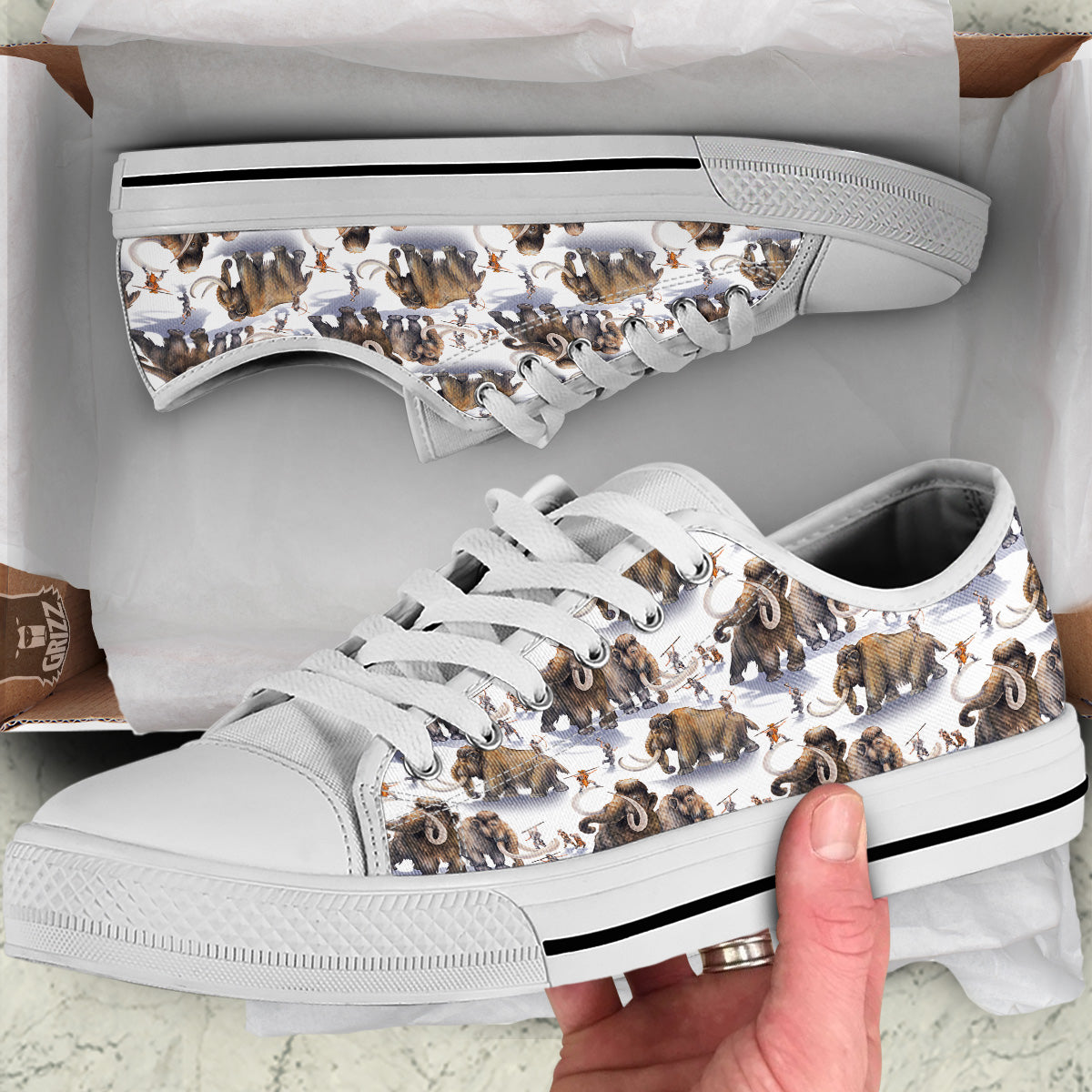 Hunting Mammoth Print Pattern White Low Top Shoes-grizzshop