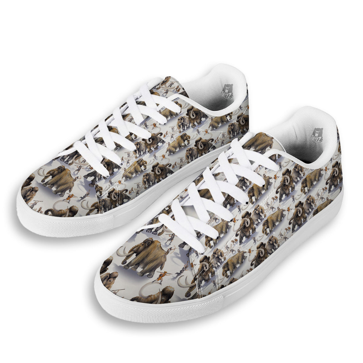 Hunting Mammoth Print Pattern White Low Top Sneakers-grizzshop