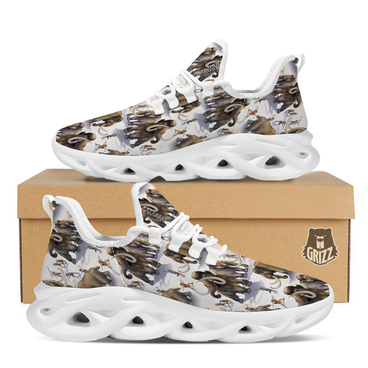 Hunting Mammoth Print Pattern White Running Shoes-grizzshop