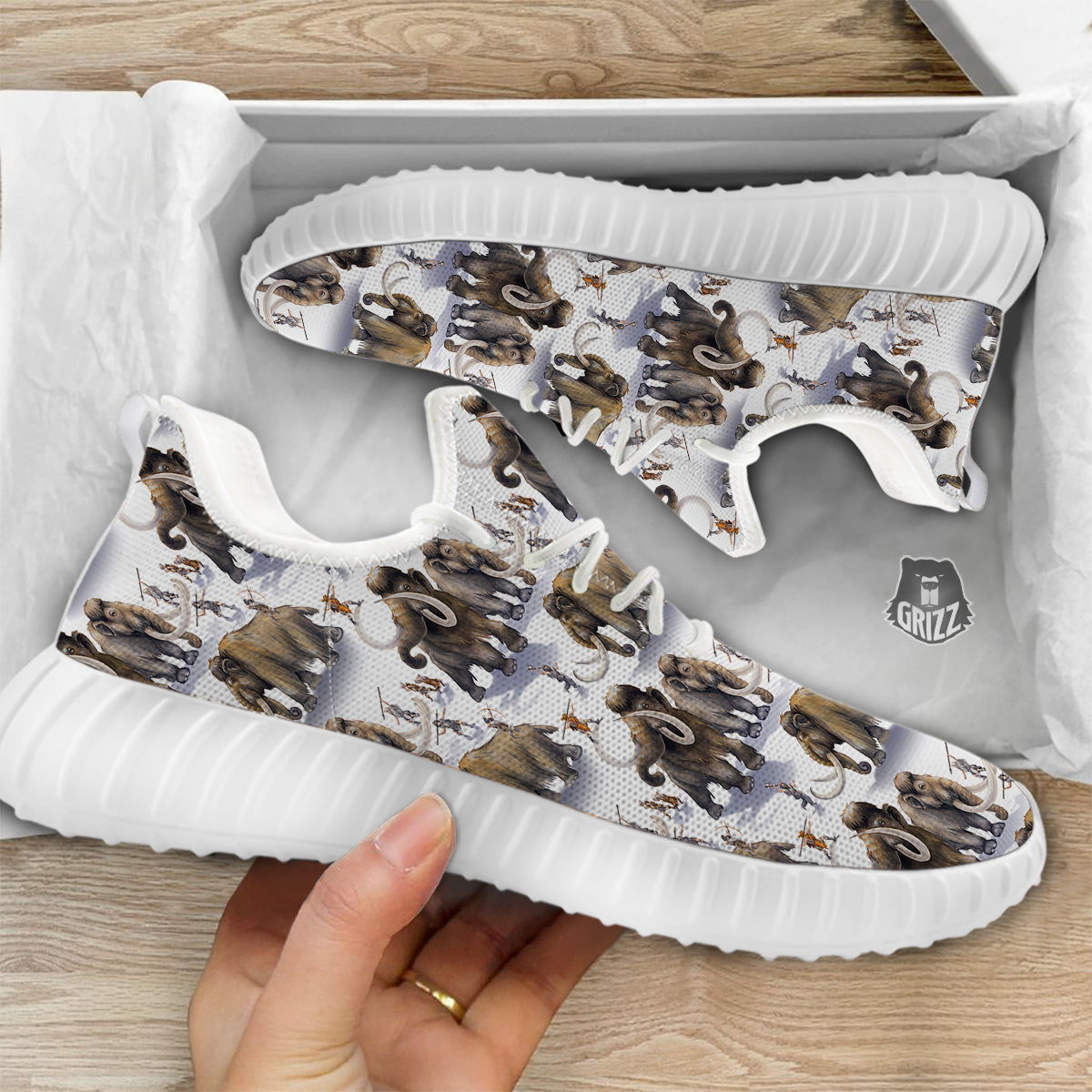 Hunting Mammoth Print Pattern White Walking Shoes-grizzshop
