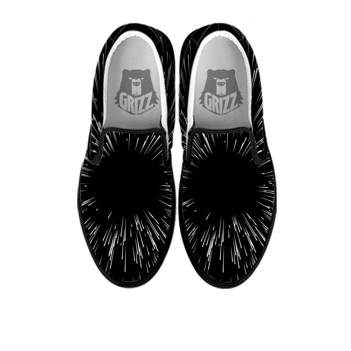 Hyperspace White And Black Print Black Slip On Shoes-grizzshop