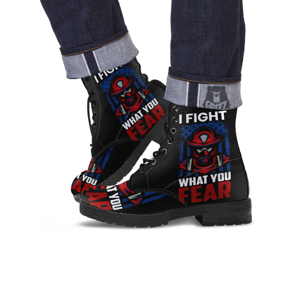 I Fight What You Fear Firefighter Print Leather Boots-grizzshop
