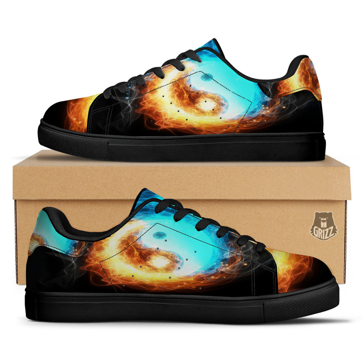 Ice And Fire Sparkle Yin Yang Print Black Low Top Sneakers-grizzshop