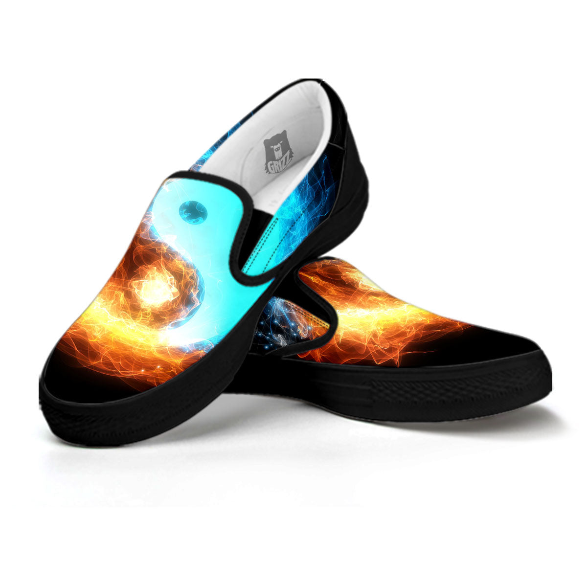 Ice And Fire Sparkle Yin Yang Print Black Slip On Shoes-grizzshop