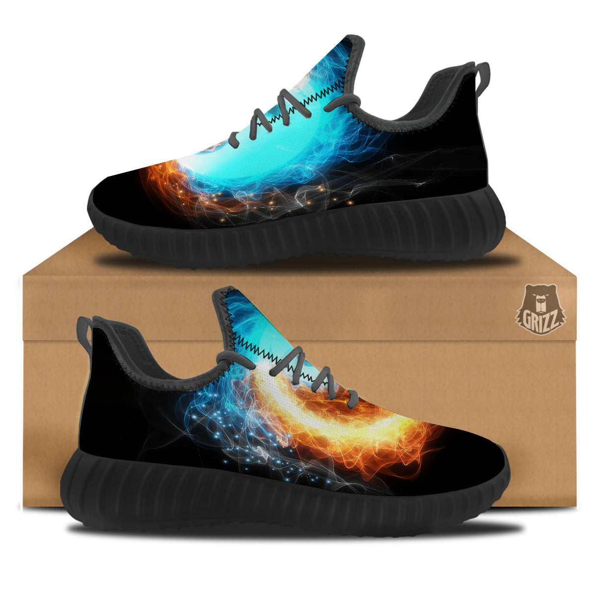 Ice And Fire Sparkle Yin Yang Print Black Walking Shoes-grizzshop