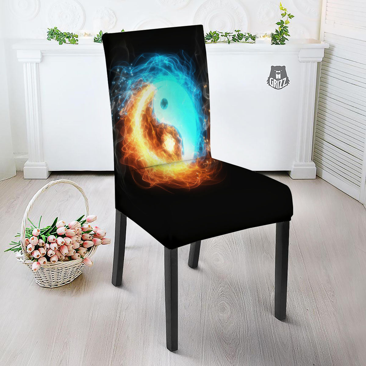 Ice And Fire Sparkle Yin Yang Print Dining Chair Slipcover-grizzshop