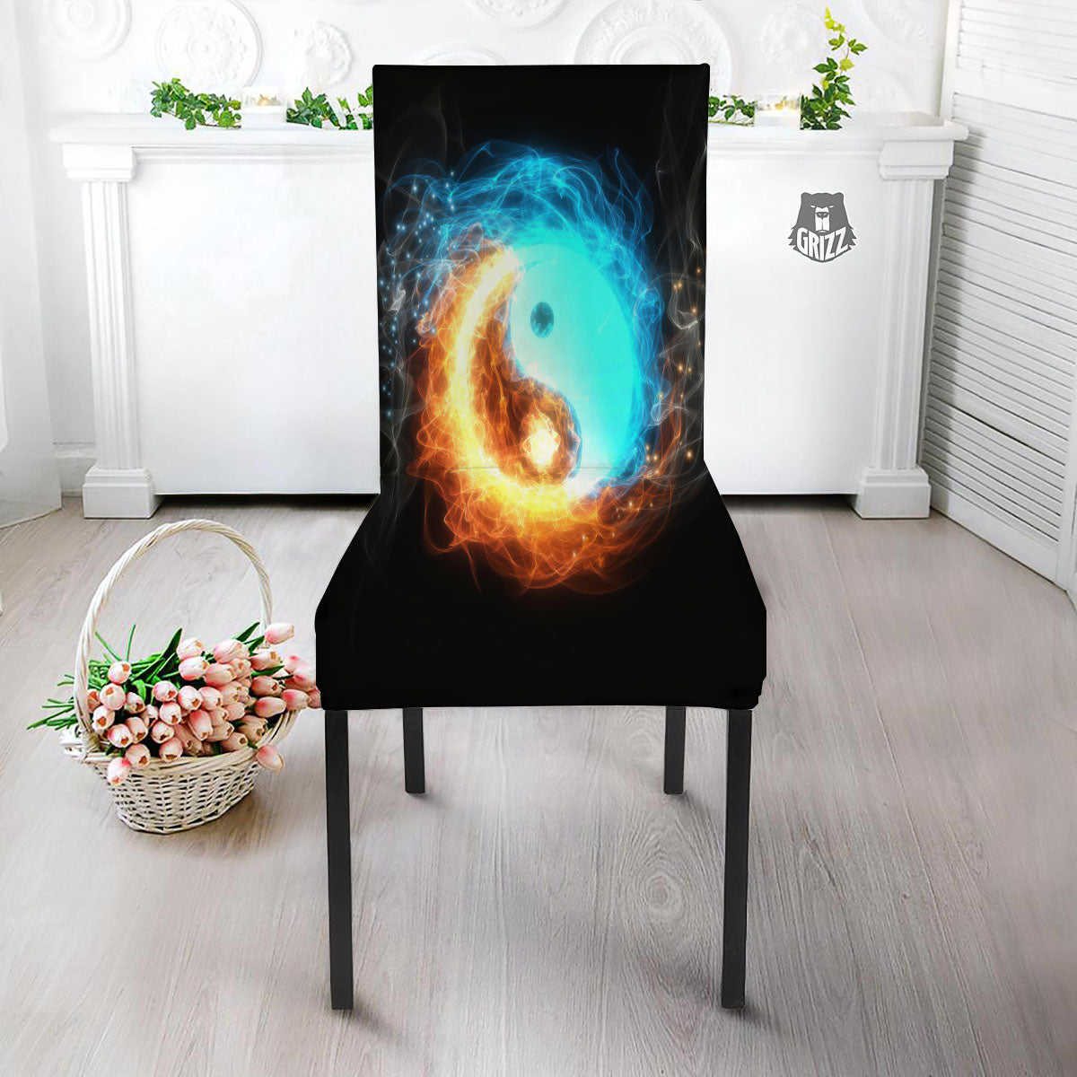 Ice And Fire Sparkle Yin Yang Print Dining Chair Slipcover-grizzshop
