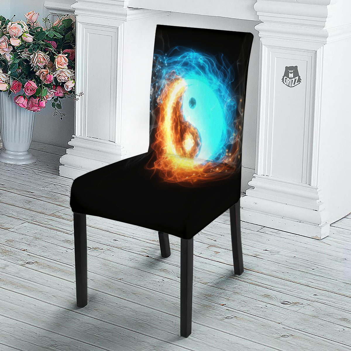 Ice And Fire Sparkle Yin Yang Print Dining Chair Slipcover-grizzshop