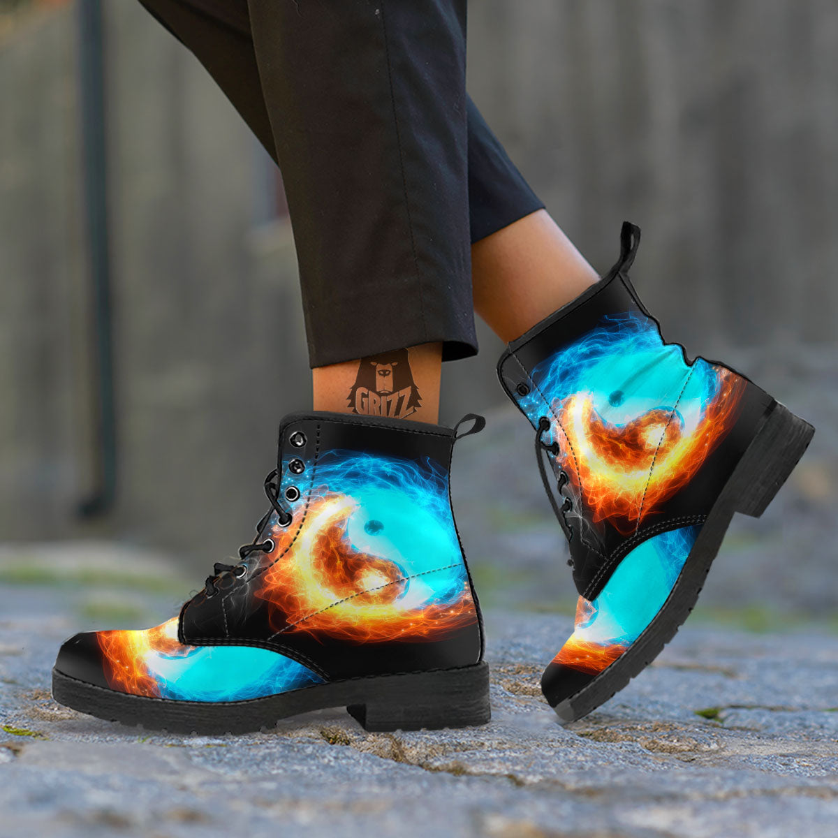 Ice And Fire Sparkle Yin Yang Print Leather Boots-grizzshop