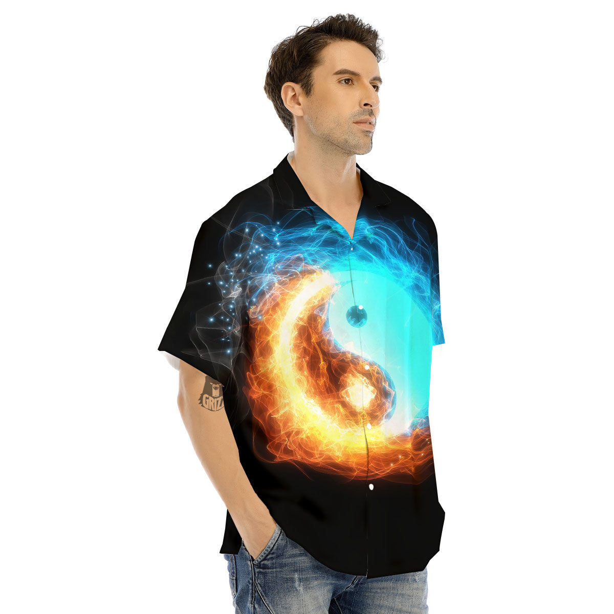 Ice And Fire Sparkle Yin Yang Print Men's Hawaiian Shirt-grizzshop