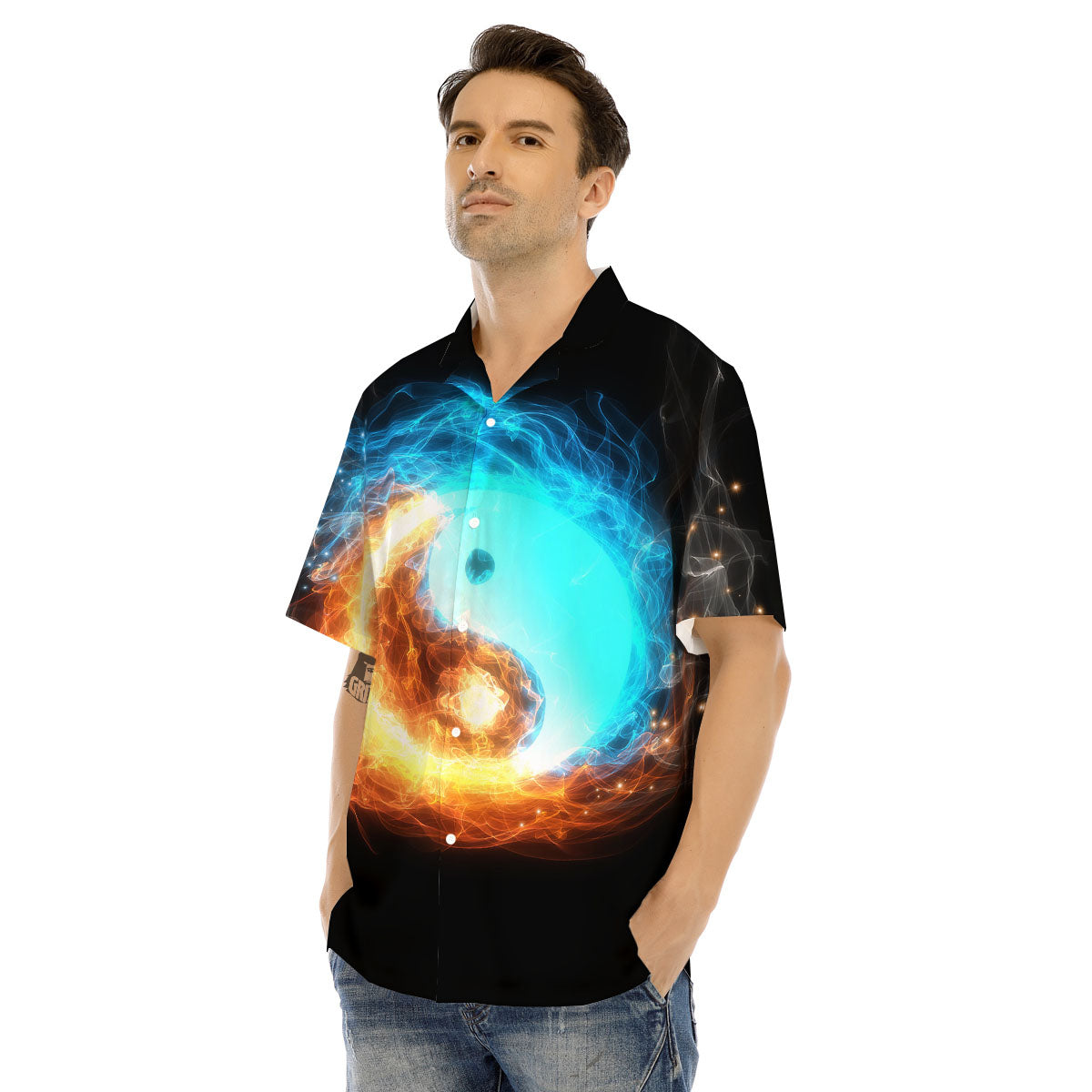 Ice And Fire Sparkle Yin Yang Print Men's Hawaiian Shirt-grizzshop