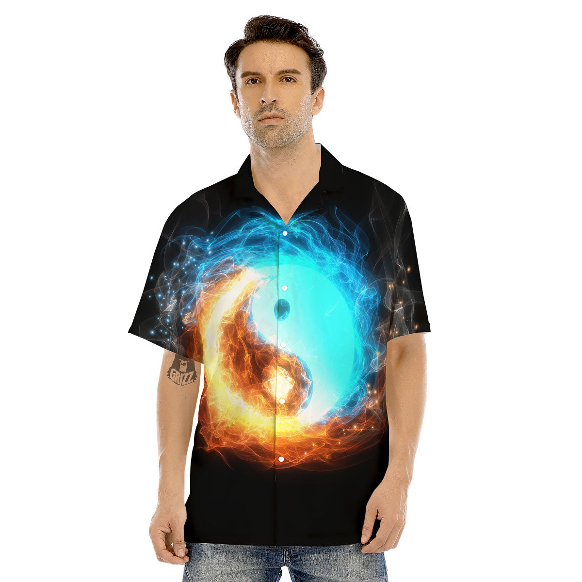 Ice And Fire Sparkle Yin Yang Print Men's Hawaiian Shirt-grizzshop