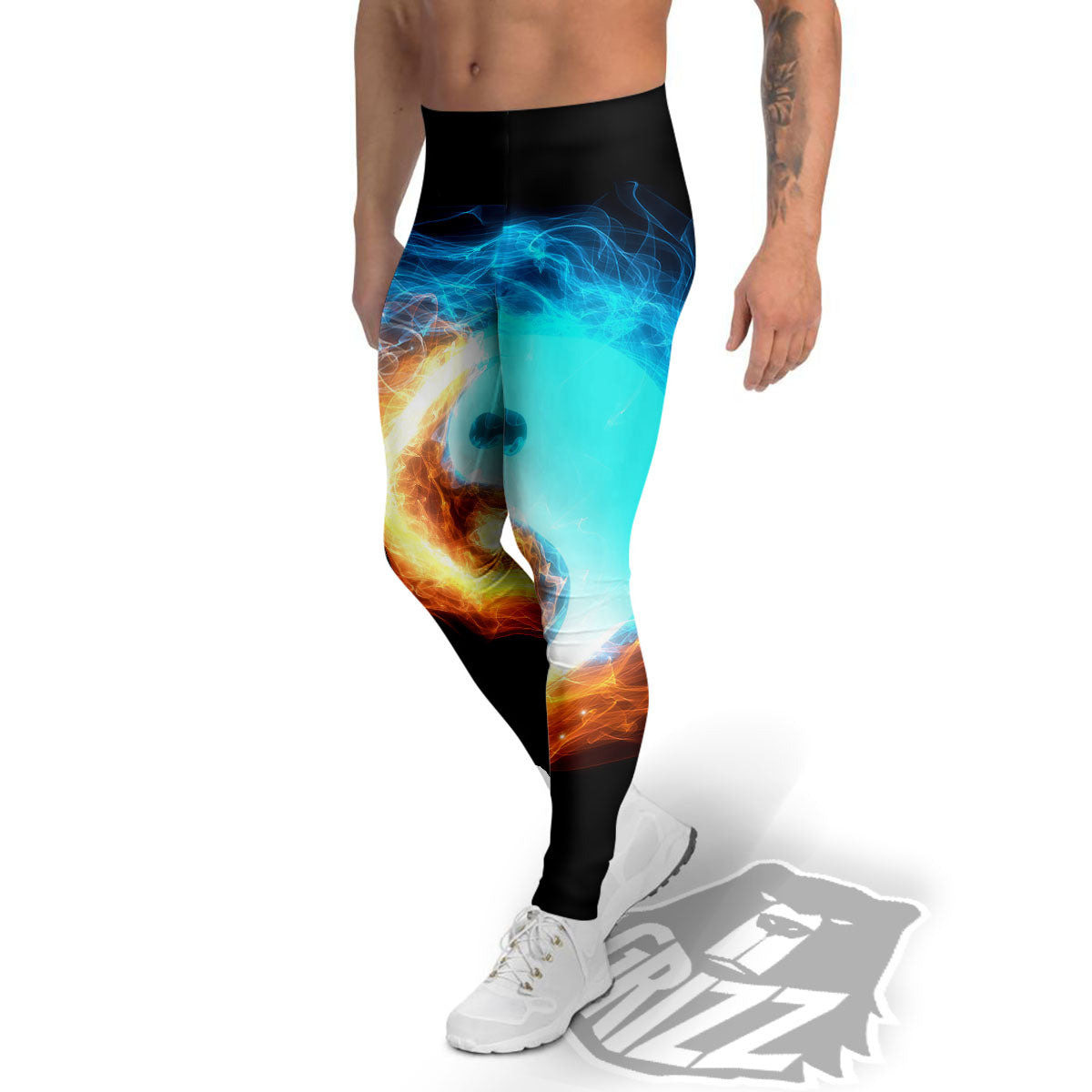 Ice And Fire Sparkle Yin Yang Print Men's Leggings-grizzshop