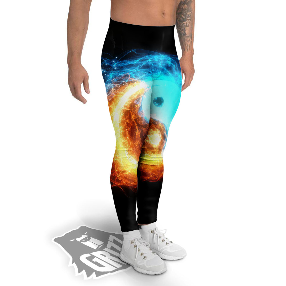 Ice And Fire Sparkle Yin Yang Print Men's Leggings-grizzshop